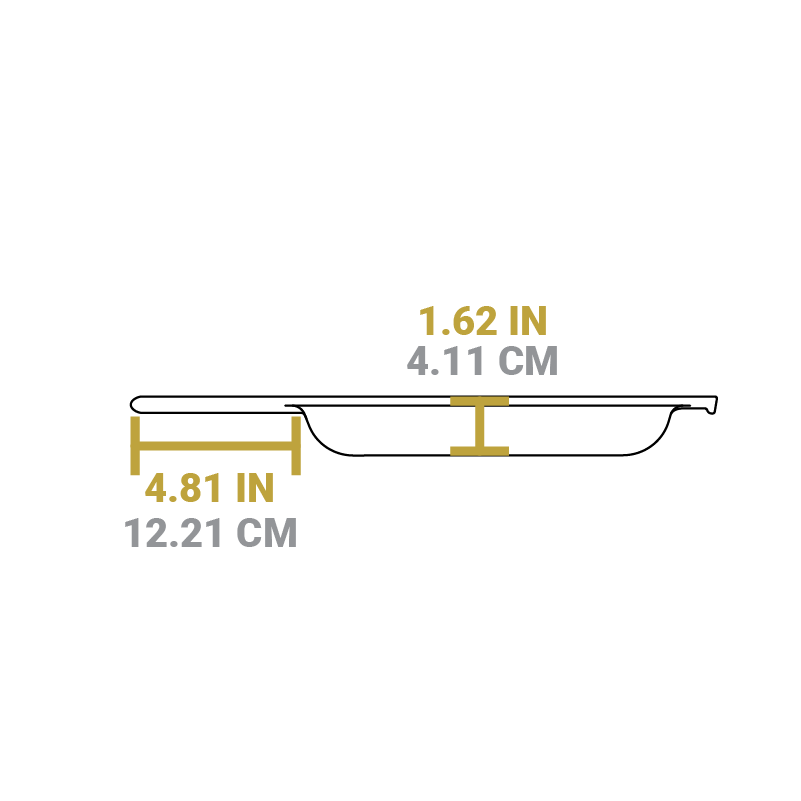 Dimensional drawing of skillet piece. Length of handle is 4.81 inches, depth of pan is 1.62 inches.