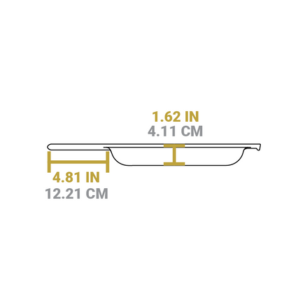 Dimensional drawing of skillet piece. Length of handle is 4.81 inches, depth of pan is 1.62 inches.