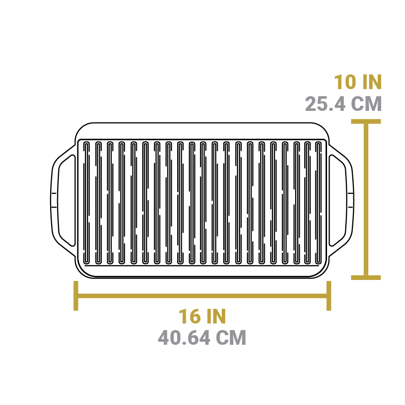 Dimensional drawing of product. Full length is 10 inches, with of cooking surface is 16 inches.