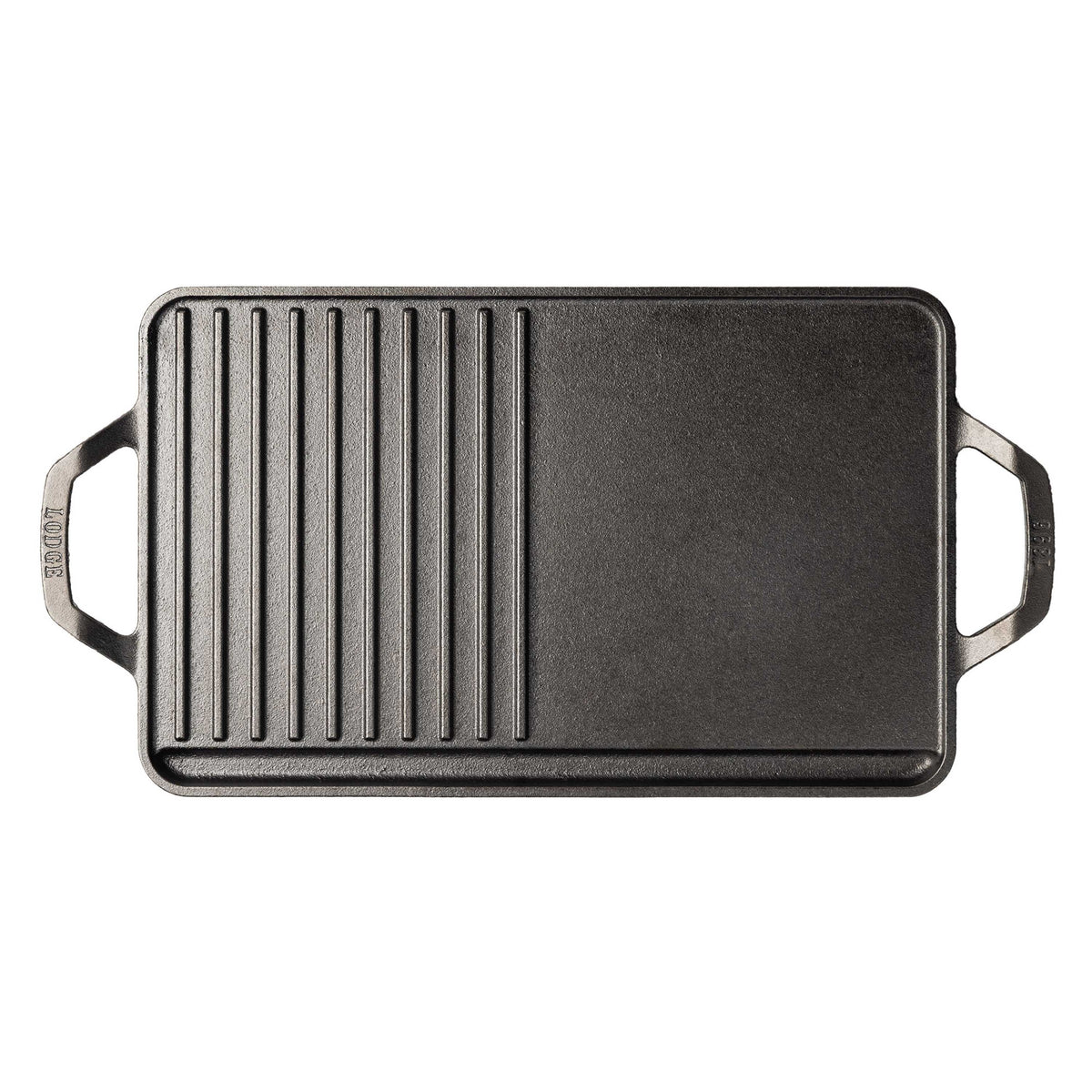 Top view showing half grill pan, half griddle, and a grease channel along one side.