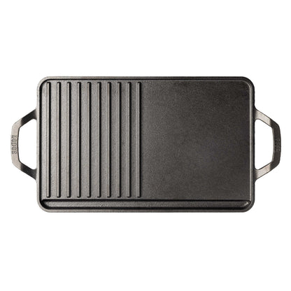 Top view showing half grill pan, half griddle, and a grease channel along one side.