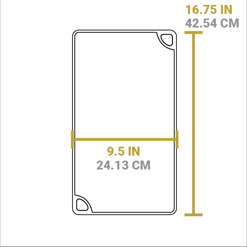 Dimensional drawing of product. Full length is 9.5 inches, width is 16.75 inches.