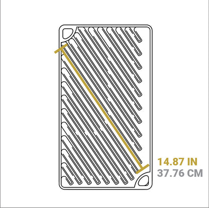 Outline of a rectangular object with longest grill line being 14.87 inches, positioned diagonlly.