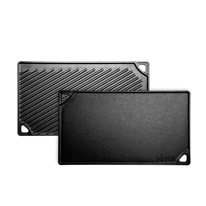 Griddle and grill pan displayed side by side.