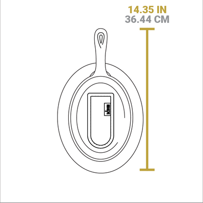 Dimensional drawing of product. Total length with griddle and underliner is 14.35 inches.