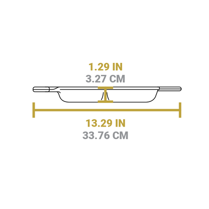 Dimensional drawing of product. Height is 1.29 inches, full product width is 13.29 inches including handles.