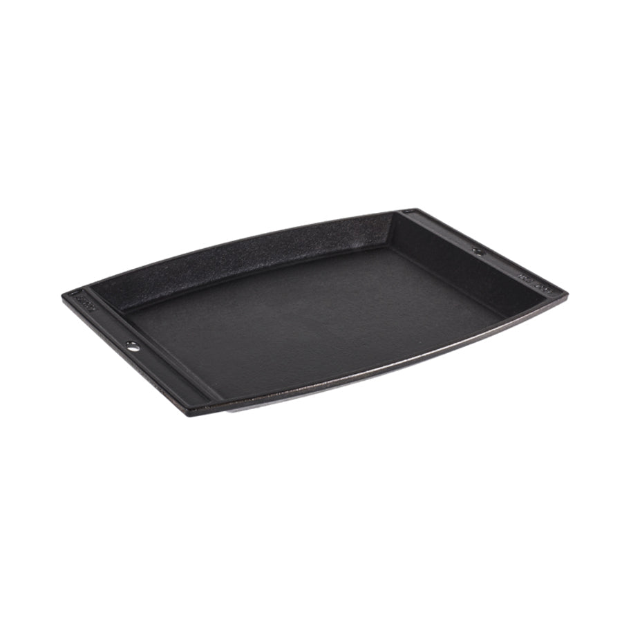 Black griddle shaped similar to a tray, with slightly rounded sides.