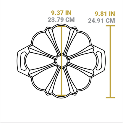 Dimensional drawing of product. Total length is 9.381 inches, length of cooking area is 9.37 inches.
