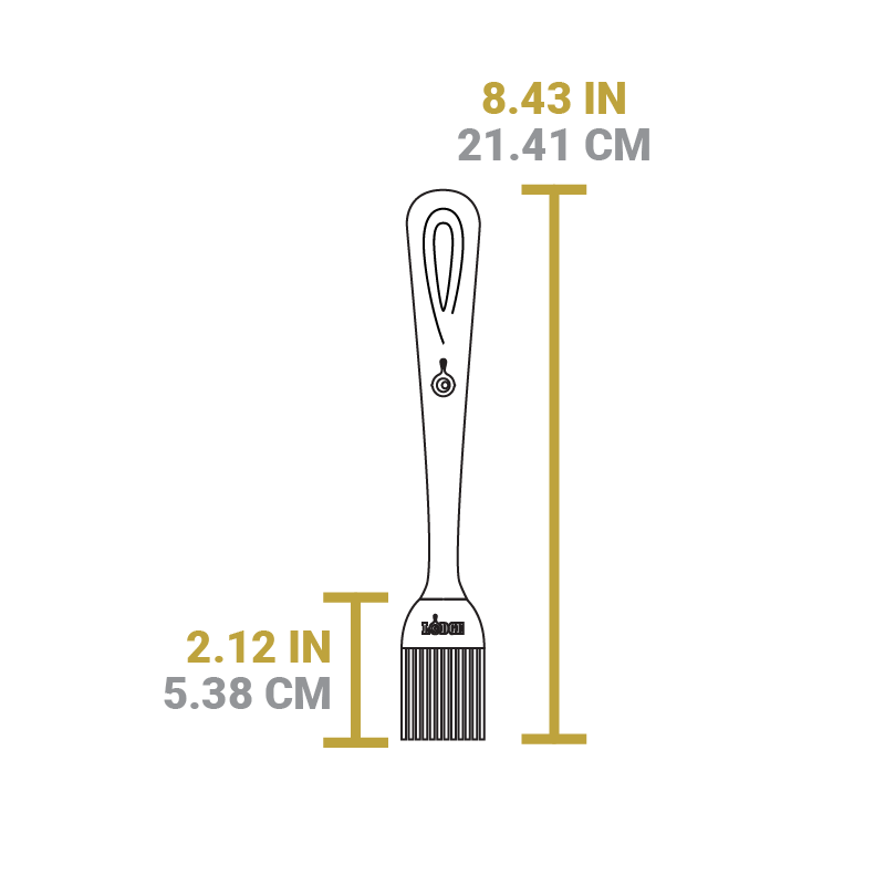 Dimensional drawing of product. Total length is 8.43 inches, height of brush is 2.12 inches.