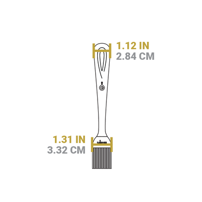 Dimensional drawing of product. Width of handle is 1.12 inches, width of brush is 1.31 inches.