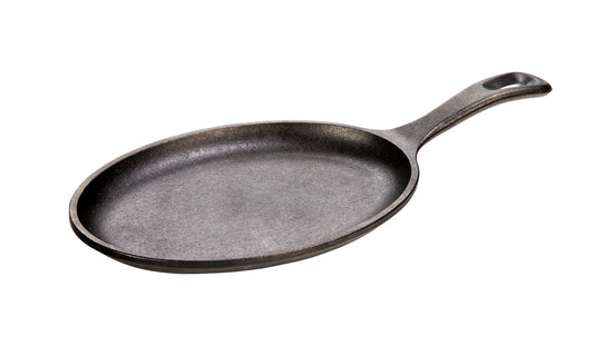 Oval shaped griddle with long handle.