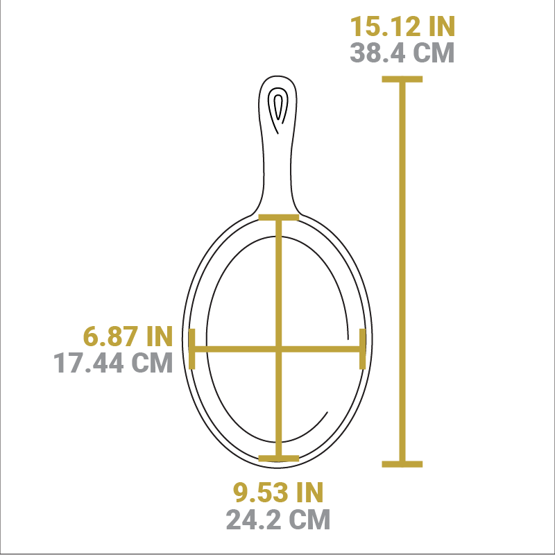 Dimensional drawing of griddle. Length including handle is 5.12 inches, width of griddle is 6.87 inches, length of griddle is 9.53 inches.