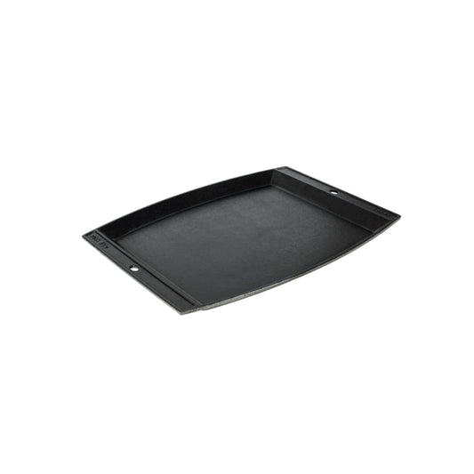 Black griddle shaped similar to a tray, with slightly rounded sides.