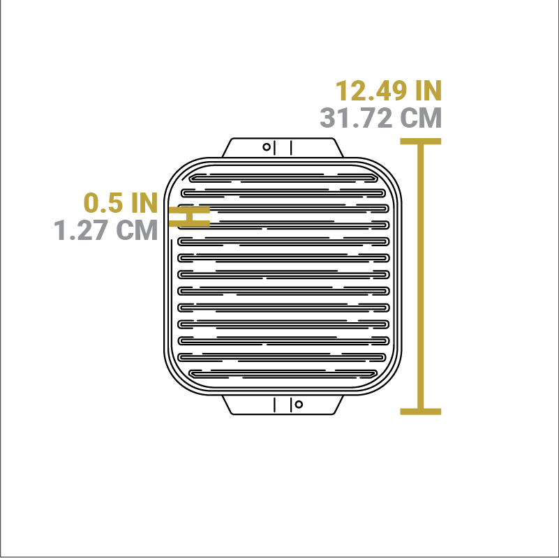 Dimensional drawing of product. Total width is 12.49 inches, distance between grill lines is 0.5 inches.