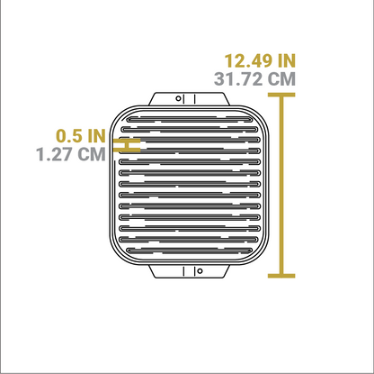 Dimensional drawing of product. Total width is 12.49 inches, distance between grill lines is 0.5 inches.
