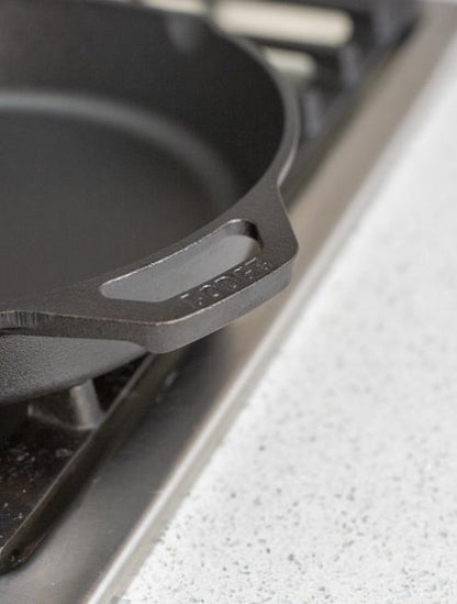 Close up of loop handle on skillet.