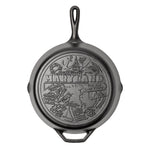 Cast iron skillet with the bottom engraved with beloved icons and monuments from Maryland.