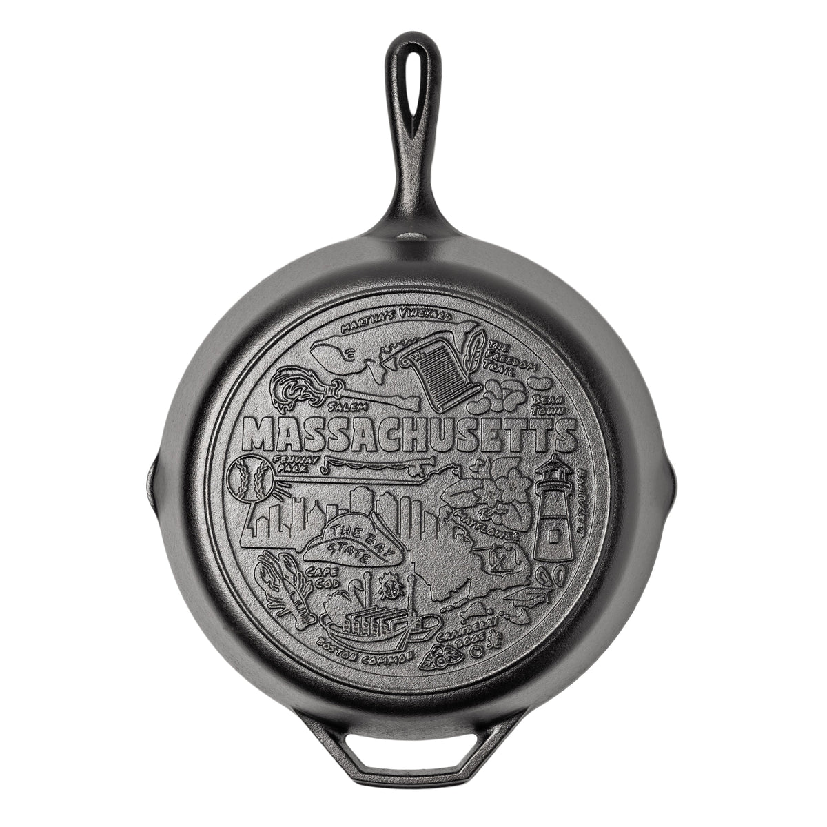 Cast iron skillet with the bottom engraved with beloved icons and monuments from Massachusetts.