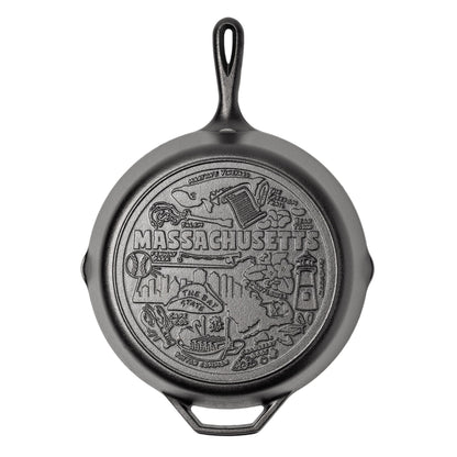 Cast iron skillet with the bottom engraved with beloved icons and monuments from Massachusetts.