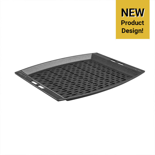 Black perforated grill pan with 'NEW Product Design!' label.