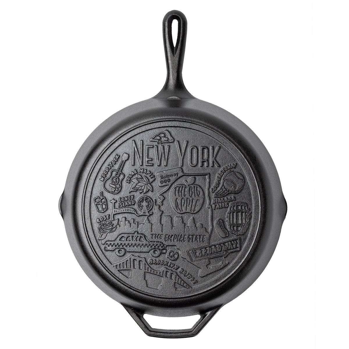 Cast iron skillet with the bottom engraved with beloved icons and monuments from New York.