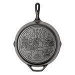 Cast iron skillet with the bottom engraved with beloved icons and monuments from New Hampshire.