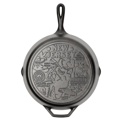 Cast iron skillet with the bottom engraved with beloved icons and monuments from New Jersey.