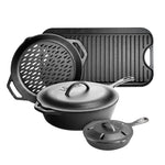 Set of black cast iron cookware including a grill pan, grill topper, covered deep skillet, and smoker skillet.