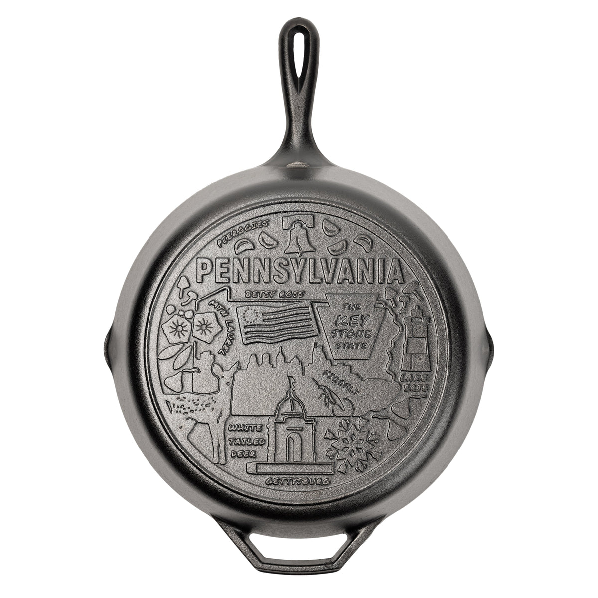 Cast iron skillet with the bottom engraved with beloved icons and monuments from Pennsylvania.