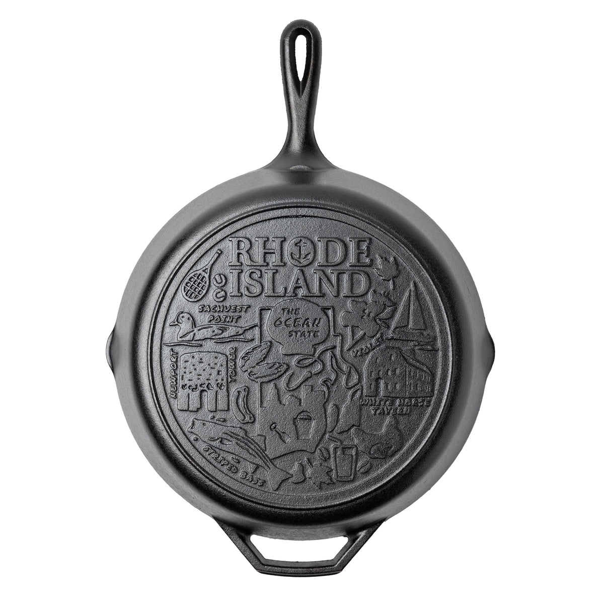 Cast iron skillet with the bottom engraved with beloved icons and monuments from Rhode Island.