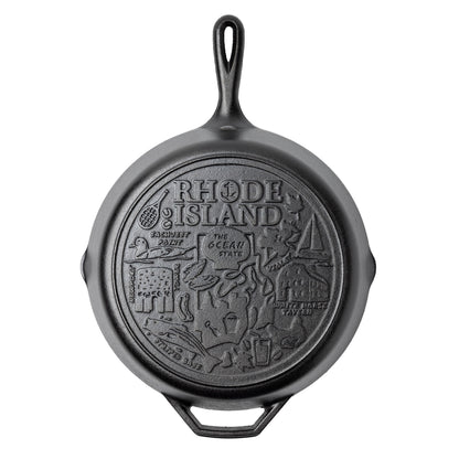 Cast iron skillet with the bottom engraved with beloved icons and monuments from Rhode Island.