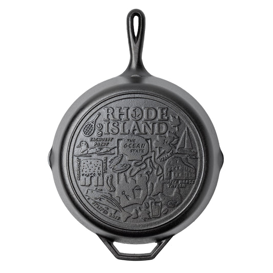 Cast iron skillet with the bottom engraved with beloved icons and monuments from Rhode Island.
