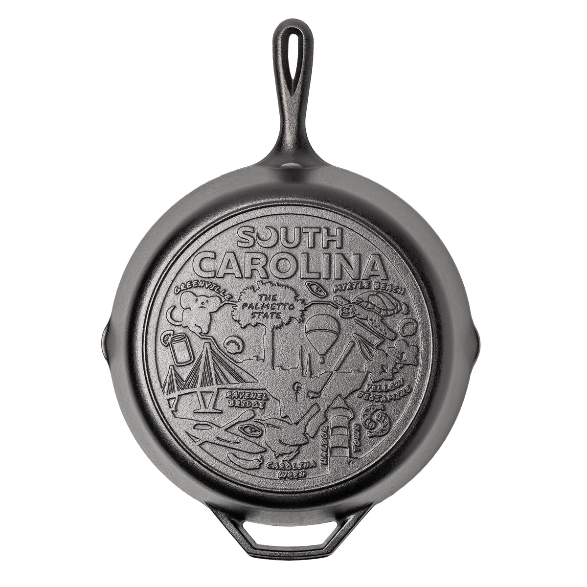 Cast iron skillet with the bottom engraved with beloved icons and monuments from South Carolina.