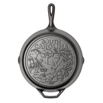 Cast iron skillet with the bottom engraved with beloved icons and monuments from South Carolina.
