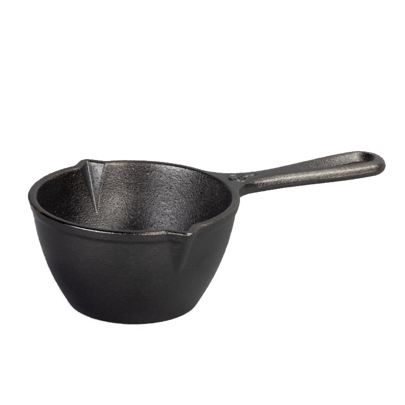 Black cast iron pot with long handle and 2 pour spouts.