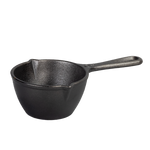 Black cast iron pot with long handle and 2 pour spouts.
