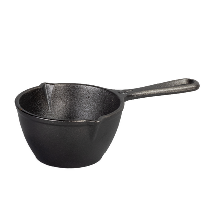 Black cast iron pot with long handle and 2 pour spouts.