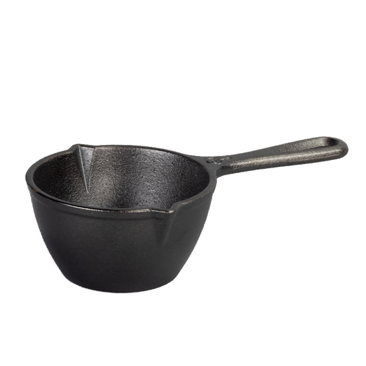 Black cast iron pot with long handle and 2 pour spouts.