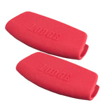 Set of two red bakeware grips with Lodge branding.