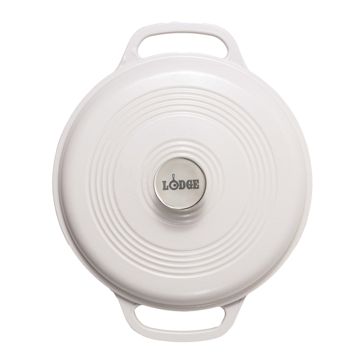 A top-down view of a white Lodge round cast iron Dutch oven lid with two handles and a silver stainless center knob.