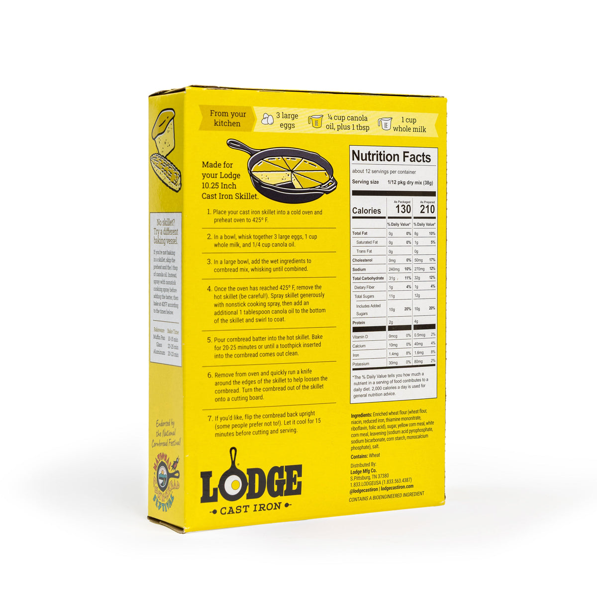 Back of cornbread mix packaging with nutritional information and instructions.