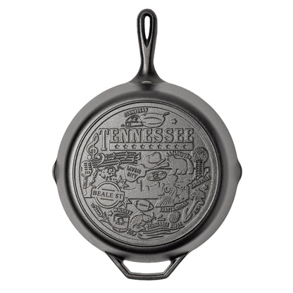 Cast iron skillet with the bottom engraved with beloved icons and monuments from Tennessee.
