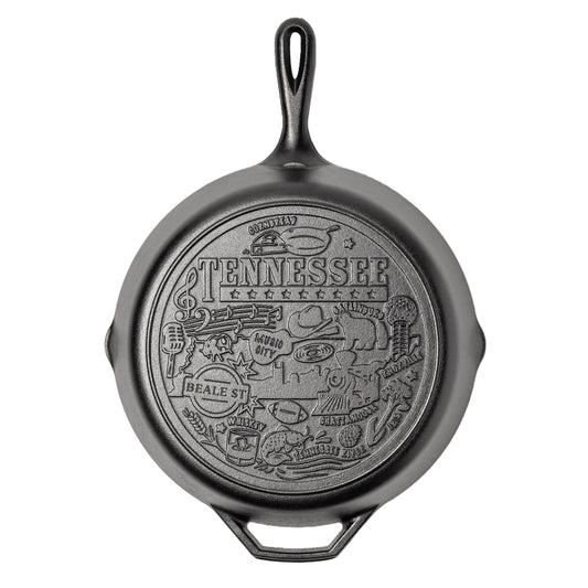 Cast iron skillet with the bottom engraved with beloved icons and monuments from Tennessee.