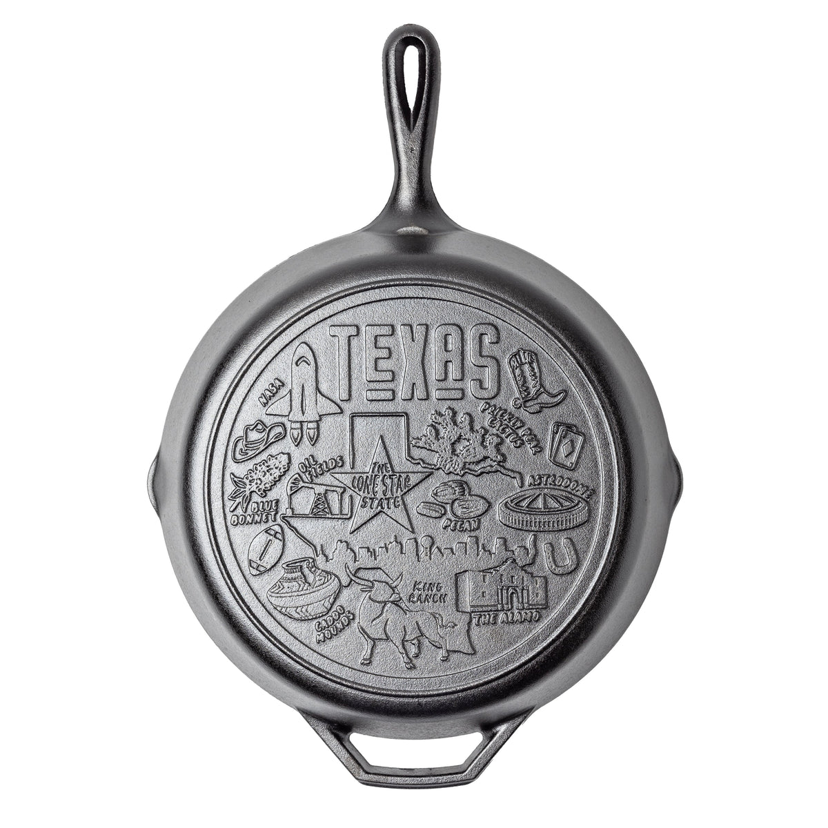 Cast iron skillet with the bottom engraved with beloved icons and monuments from Texas.