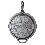 Cast iron skillet with the bottom engraved with beloved icons and monuments from Texas.