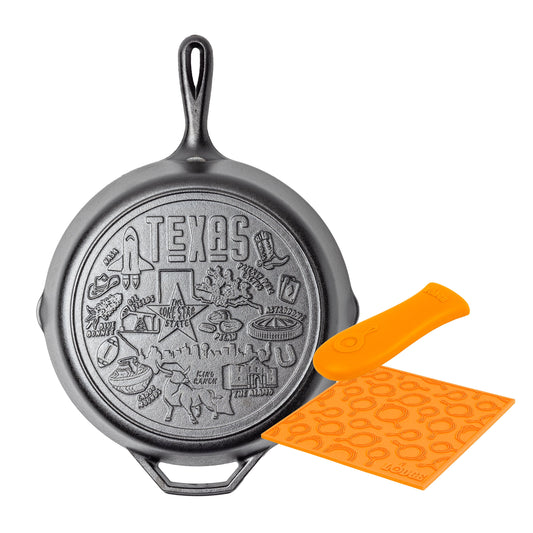 The Texas American Road trip Skillet, featuring state loved monuments and icons, paired with an orange silicone handle holder and trivet.