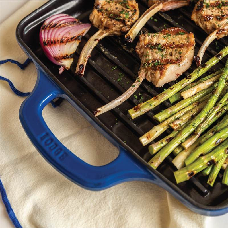 Freshly made meal on grill pan.