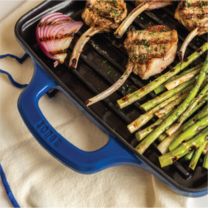 Freshly made meal on grill pan.