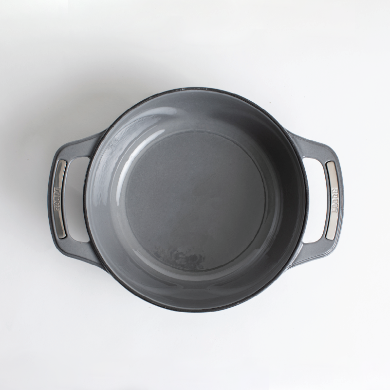 Inside of dutch oven, with a grey enameled interior.