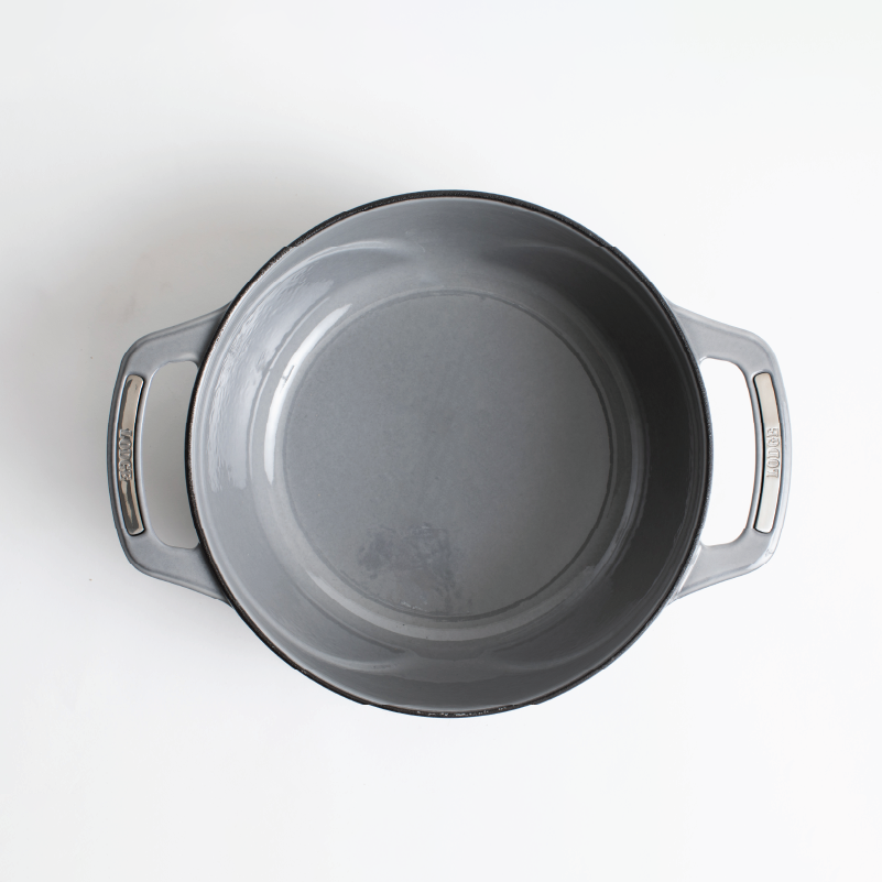 Inside of dutch oven, with a grey enameled interior.